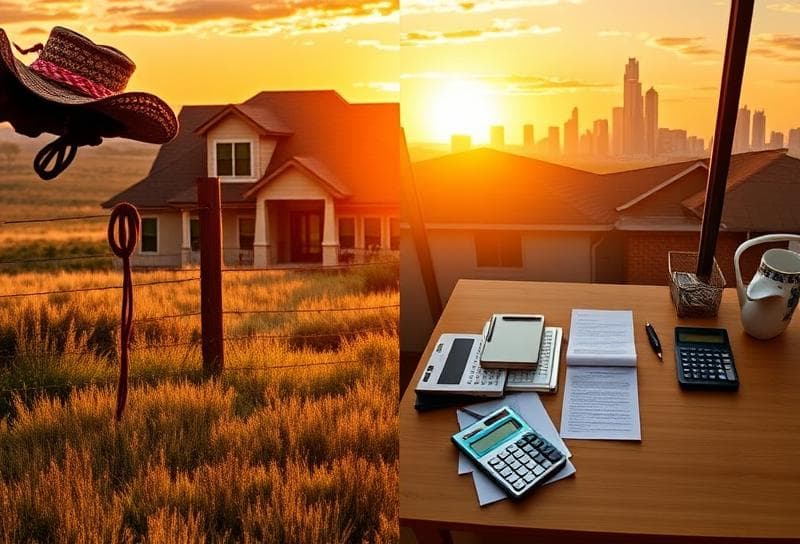 Texas ranch sunset with Houston-style home, cowboy hat, lasso, and property tax documents for commercial