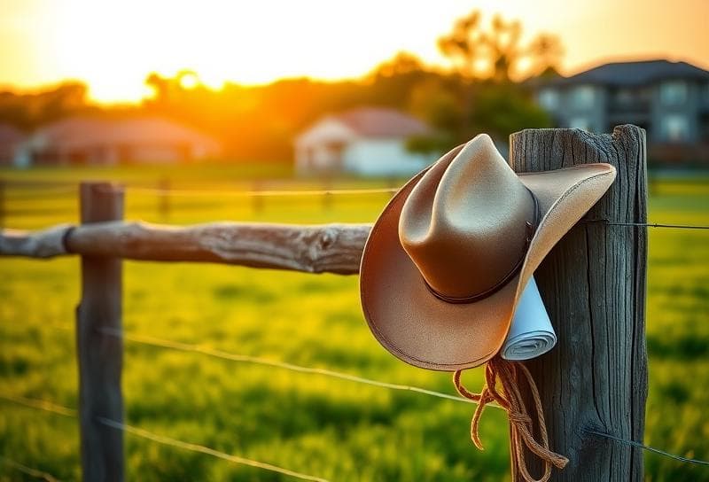 Sunset over a Texas ranch with a cowboy hat and property tax document, highlighting property