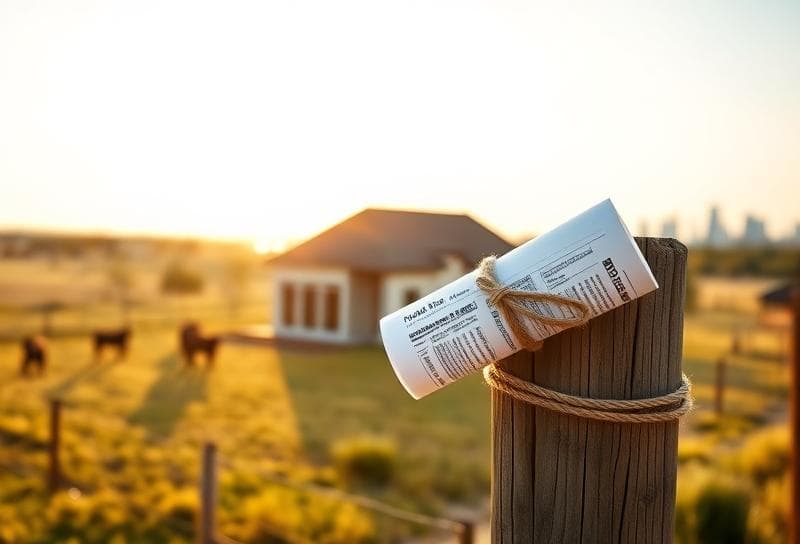 Sunlit Texas ranch with Houston suburban home, lasso-tied property tax document on fence post, distant
