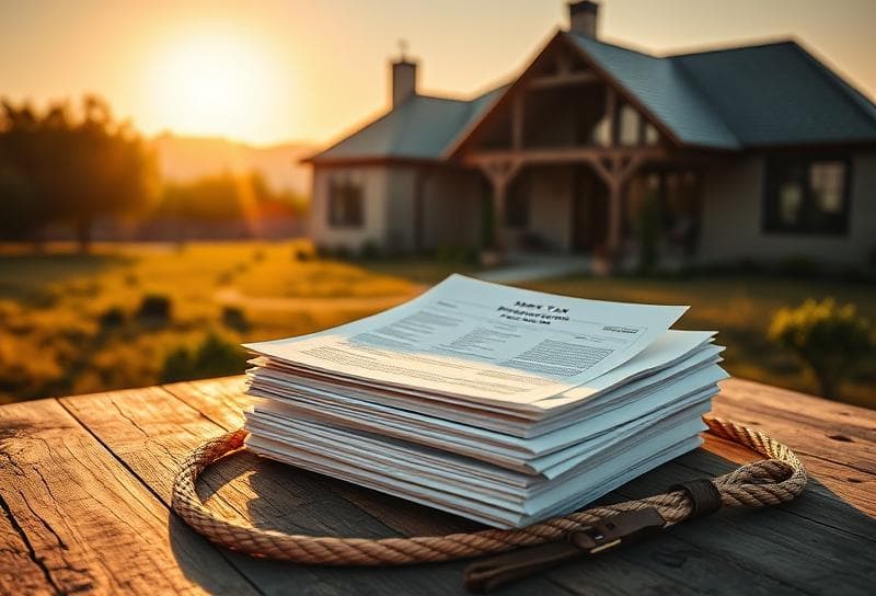 Sunlit Texas ranch with Houston suburban home, property tax documents, and lasso for Harris County