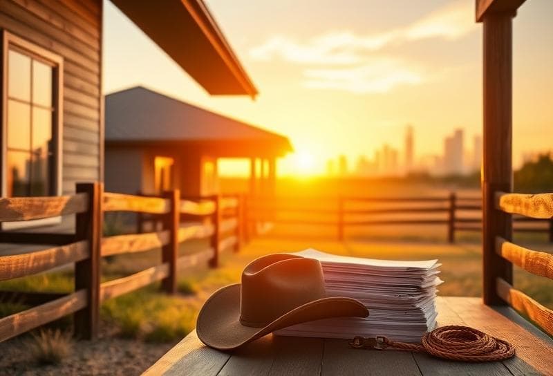 Texas ranch sunset with Houston-style home, property documents, and lasso symbolizing real estate tax appraisal