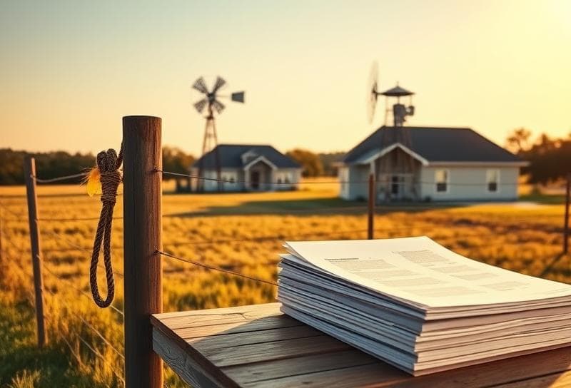 Houston suburban home with Texas windmill, lasso, and property tax documents on rustic table.