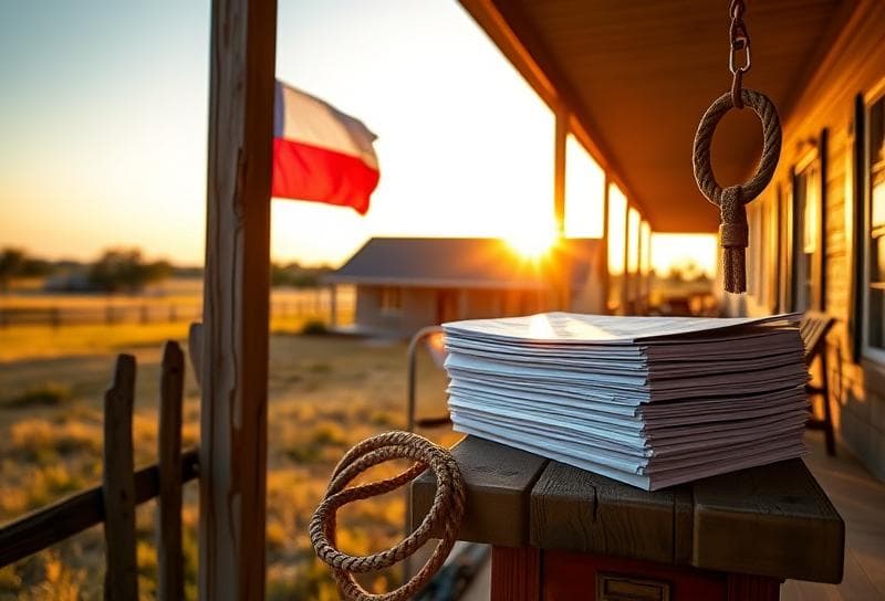 Sunlit Texas ranch with a modern home, Texas flag, and property tax documents