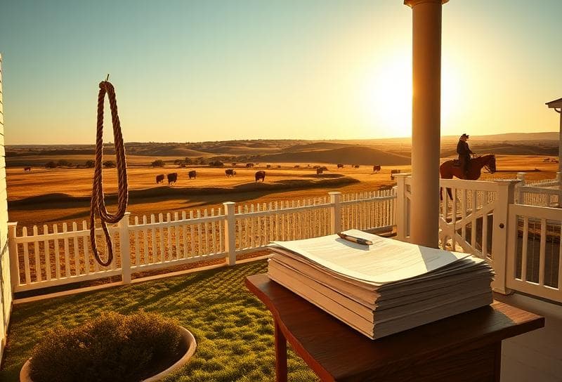 Texas ranch with modern Houston home, cowboy herding cattle, and property tax documents on porch
