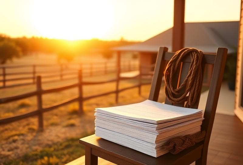 Sunlit Texas ranch with property tax documents and lasso on porch, symbolizing homeownership and property