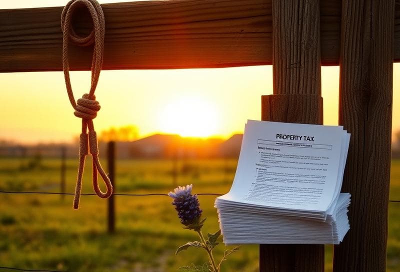 Sunset over a Texas ranch with Houston suburbs, lasso on fence, and property tax documents