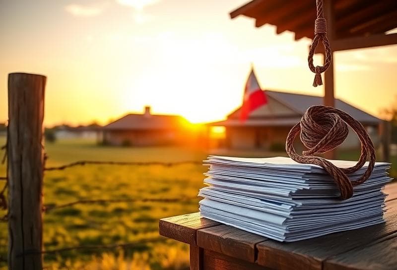 Texas ranch sunset with a lasso, Texas flag, and property tax documents for Baytown taxes.