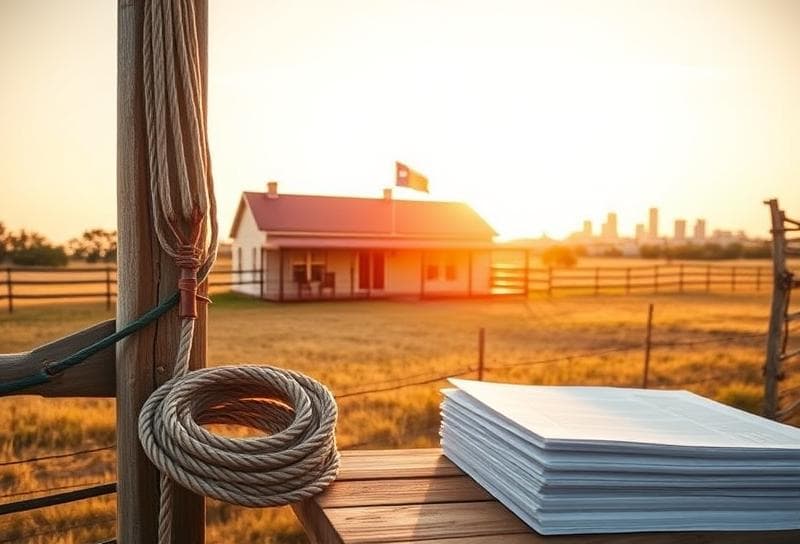 Golden hour Texas ranch with a lasso, property tax documents, and Houston skyline, symbolizing homeownership