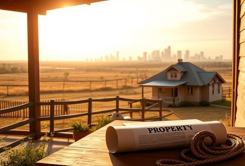 Texas ranch home with Houston skyline, property document, and lasso on rustic porch table.