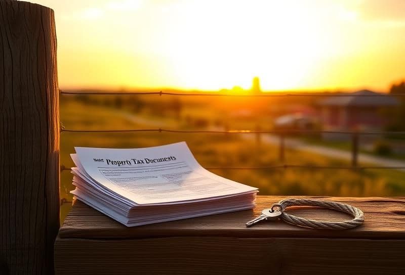 Sunset Texas ranch with Houston suburb, tax documents, house key, and lasso on fence.