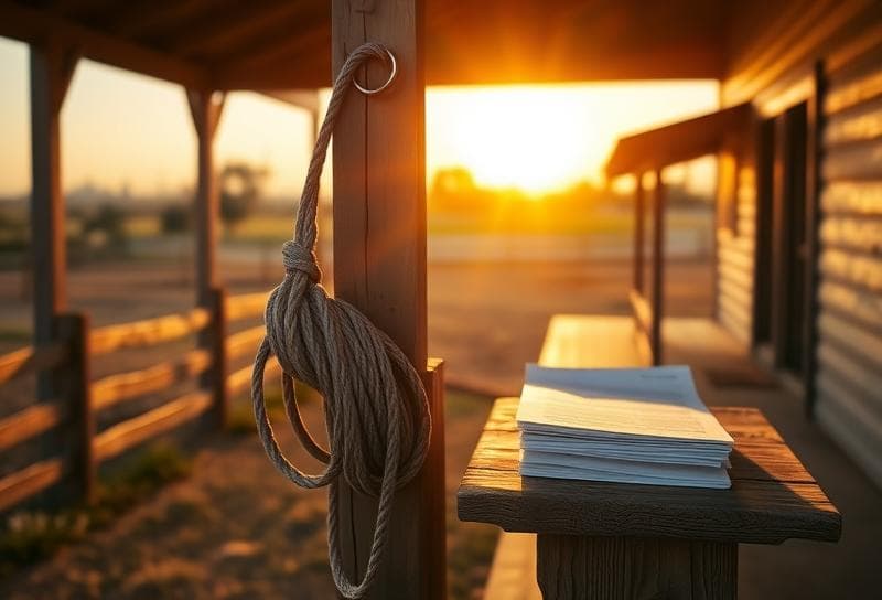 Texas ranch sunset with property tax documents on a rustic porch, Houston skyline in the background.