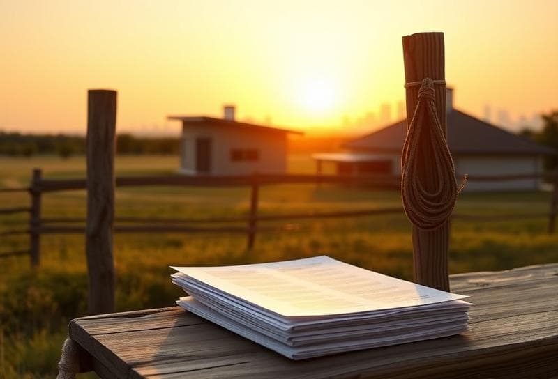 Texas ranch sunset with Houston home, lasso on fence, and property tax documents, symbolizing resolution