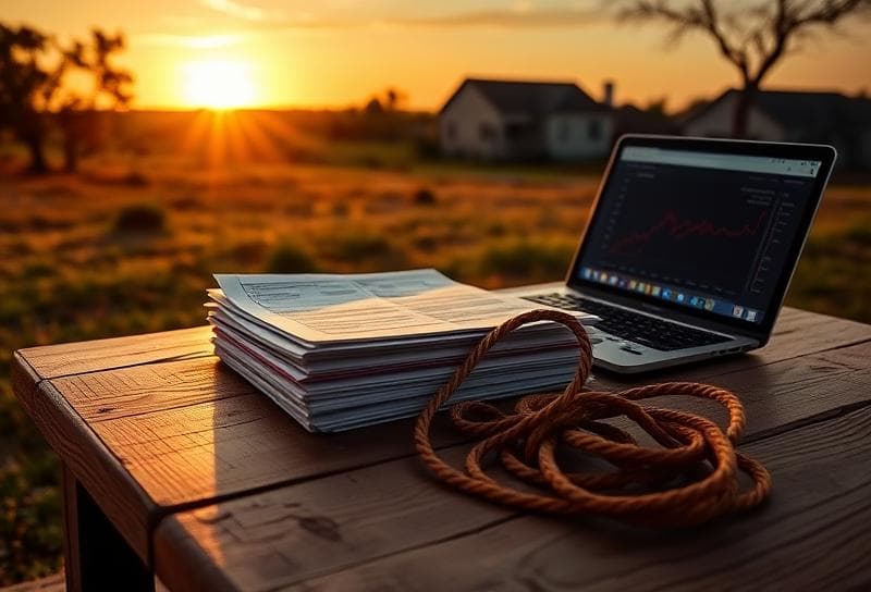 Texas ranch sunset with property tax documents, laptop, and lasso symbolizing assessment review consultants expertise.