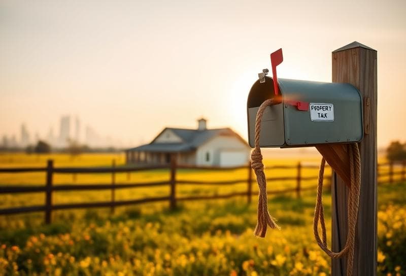 Sunlit Texas ranch with Houston skyline, lasso on fence, and property tax sticker.