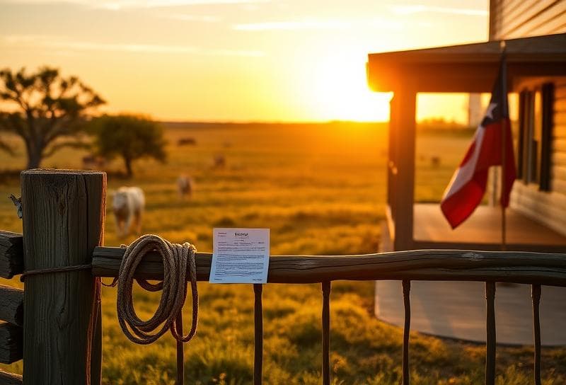 Texas ranch sunset with grazing cattle, wooden fence, and lasso, highlighting farm land tax exemption