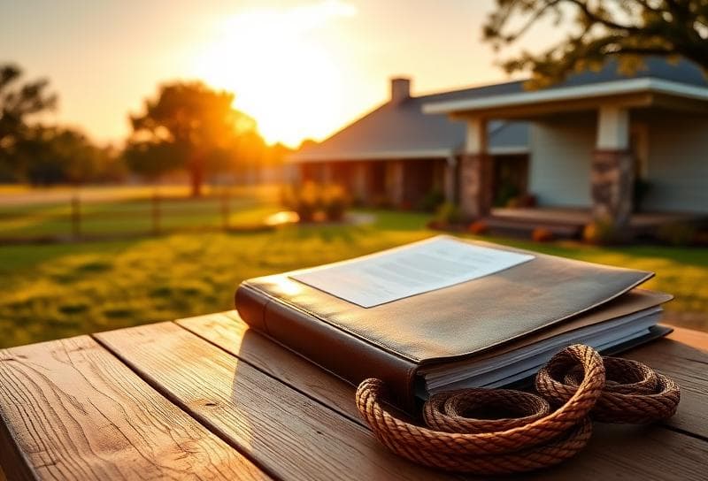 Sunlit Texas ranch with property tax documents and lasso on wooden table, symbolizing appraisal protests