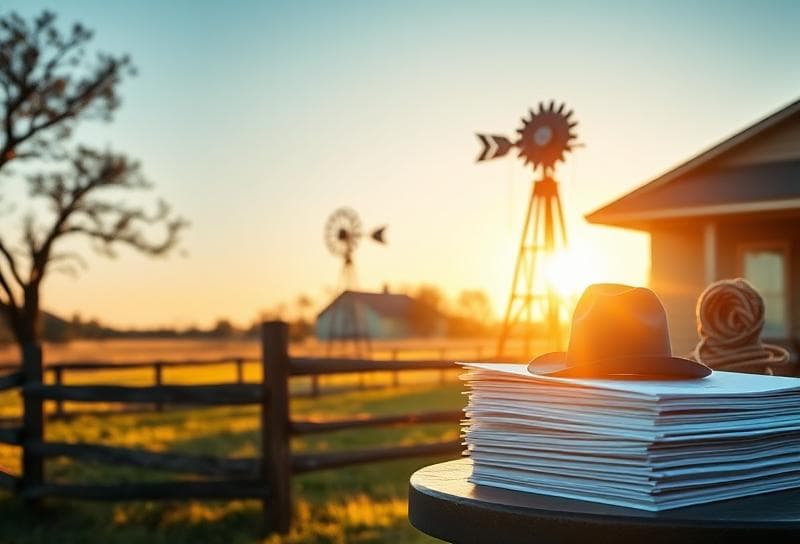 Sunlit Texas ranch with Houston home, cowboy hat, lasso, and property tax documents for tax