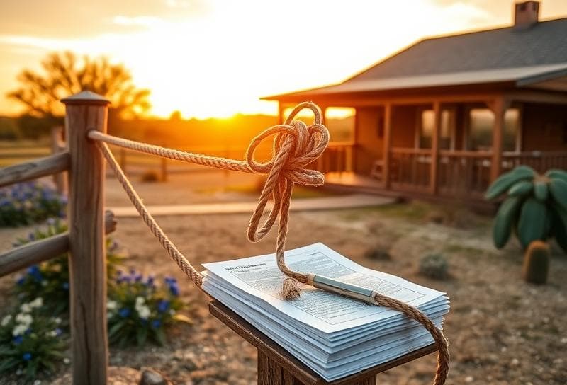 Texas ranch at sunset with a lasso on a fence post, symbolizing property tax increase