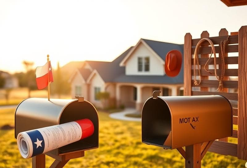 Sunlit Texas ranch home with cowboy hat, lasso, and property tax document, blending western and modern styles