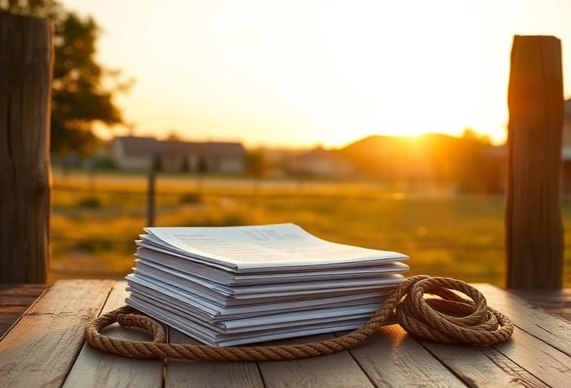 Weathered wooden fence with property tax documents and lasso on rustic table, Houston suburban neighborhood