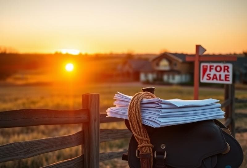Texas ranch sunset with property tax documents, lasso, and sold sign, symbolizing help doing tax