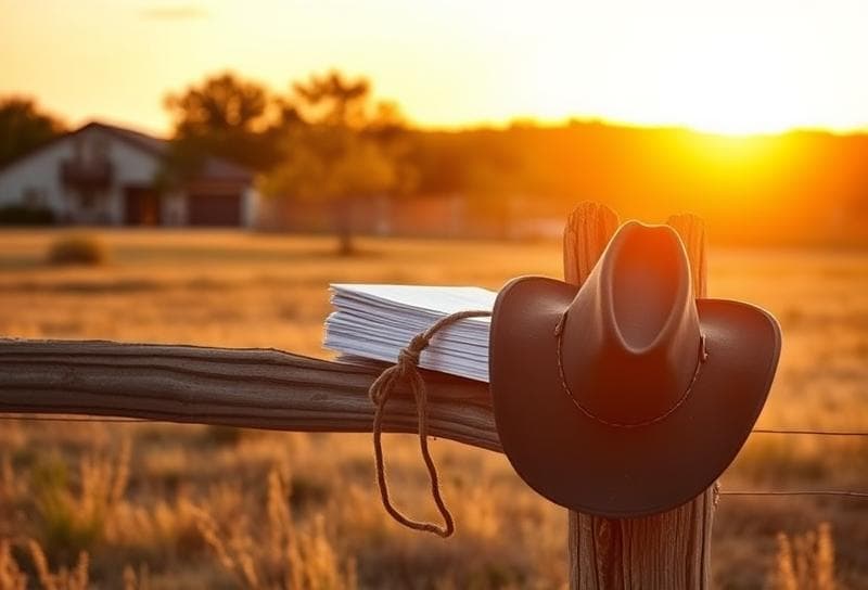 Texas ranch sunset with property tax documents tied by a lasso, symbolizing 2025 tax relief