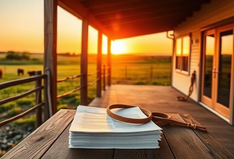 Texas ranch sunset with modern home, grazing cattle, and property documents symbolizing tax-free investment strategies