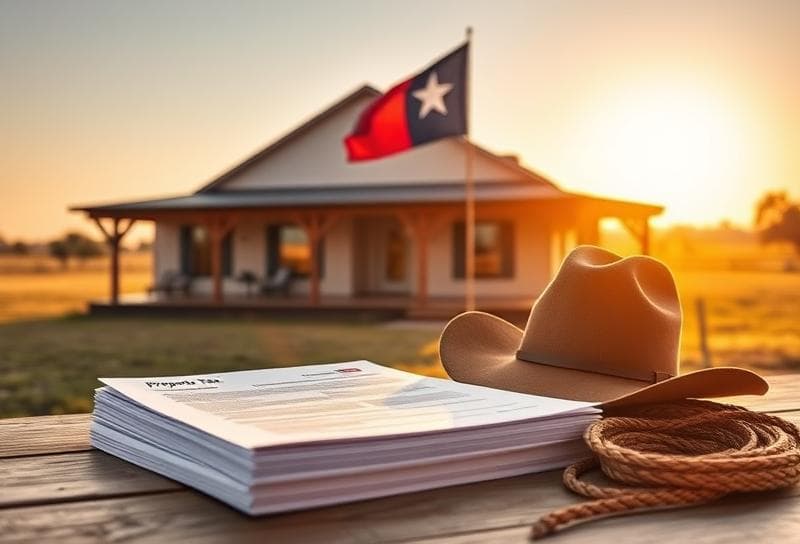 Golden hour Texas ranch with Houston-style home, property tax documents, cowboy hat, and lasso, symbolizing