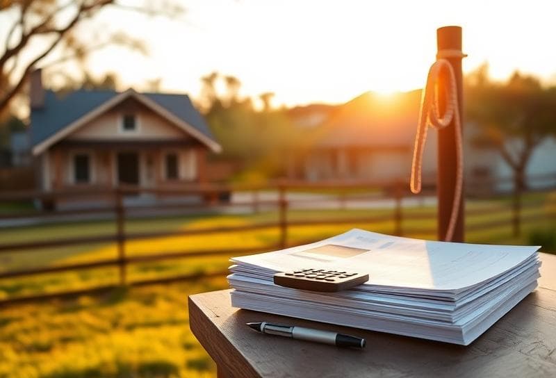 Houston suburban home with property tax documents, lasso, and rustic table under golden-hour lighting.