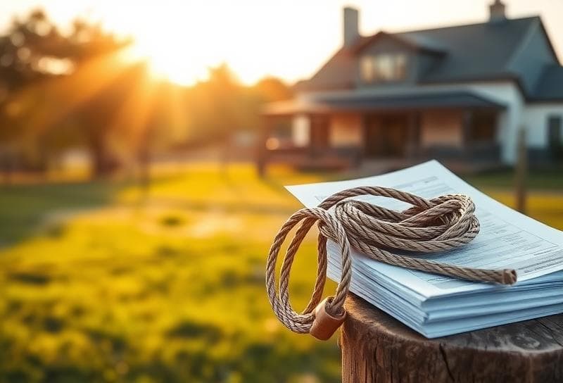 Sunlit Texas ranch with a Houston suburban home, lasso on fence, and property tax documents