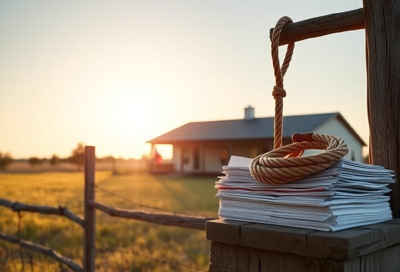 Sunlit Texas ranch with a modern home, Texas flag, lasso, and property tax documents