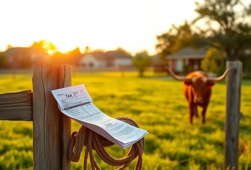 Texas ranch with grazing longhorn, suburban Houston backdrop, and property tax document on a weathered table.