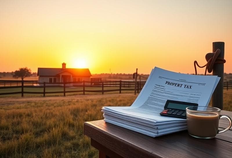 Texas ranch sunset with property tax documents, calculator, and cowboy hat on fence post.