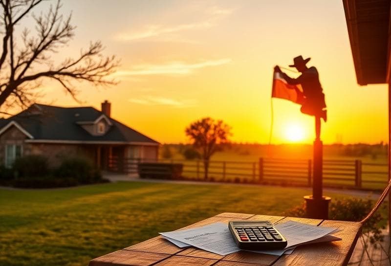 Texas ranch sunset with suburban home, cowboy lassoing fence, and property tax documents on porch,