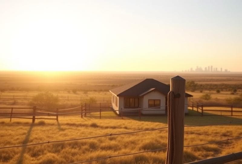 Sunlit Texas ranch with modern Houston home, lasso on fence, and distant skyline, symbolizing local
