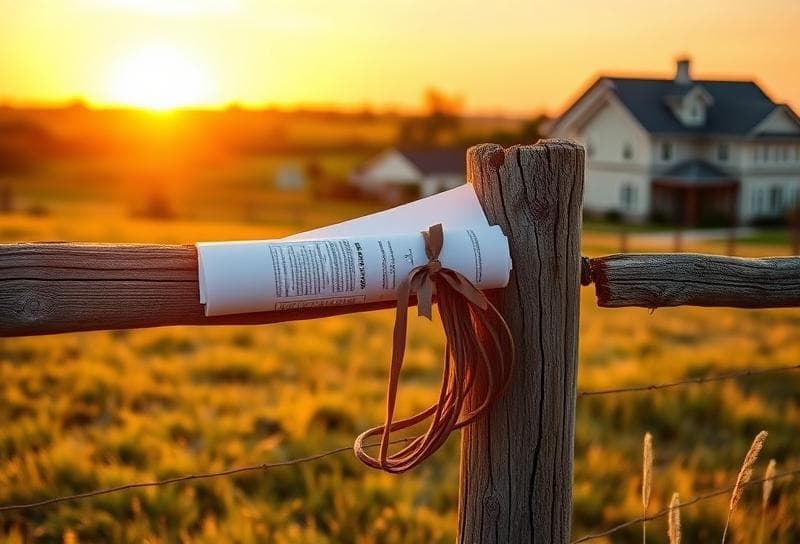Texas ranch sunset with suburban Houston homes, lasso on fence, and property tax document symbolizing