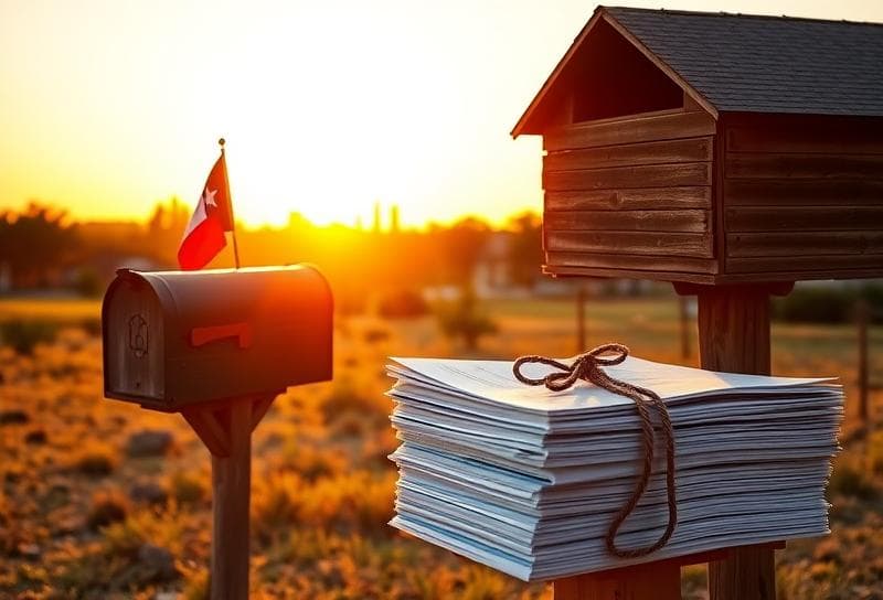 Texas ranch sunset with property tax documents tied by a lasso, Houston skyline in the background