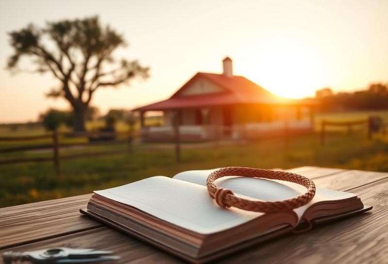 Sunlit Texas ranch with a ranch-style home, lasso, and ledger book symbolizing business personal property