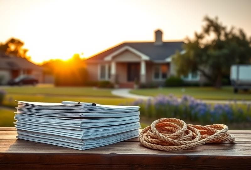 Rustic wooden desk with property tax documents and lasso, Texas ranch home at sunset, highlighting