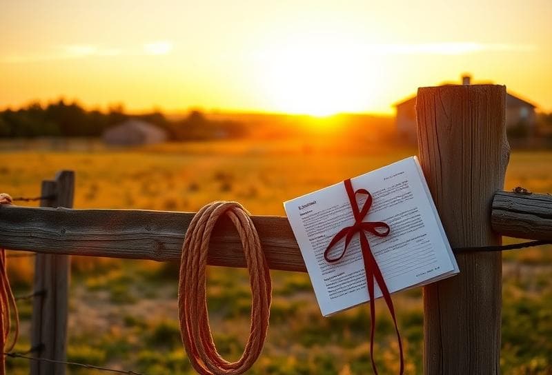 Texas ranch sunset with a lasso-draped fence, property tax document, and Houston suburban backdrop symbolizing