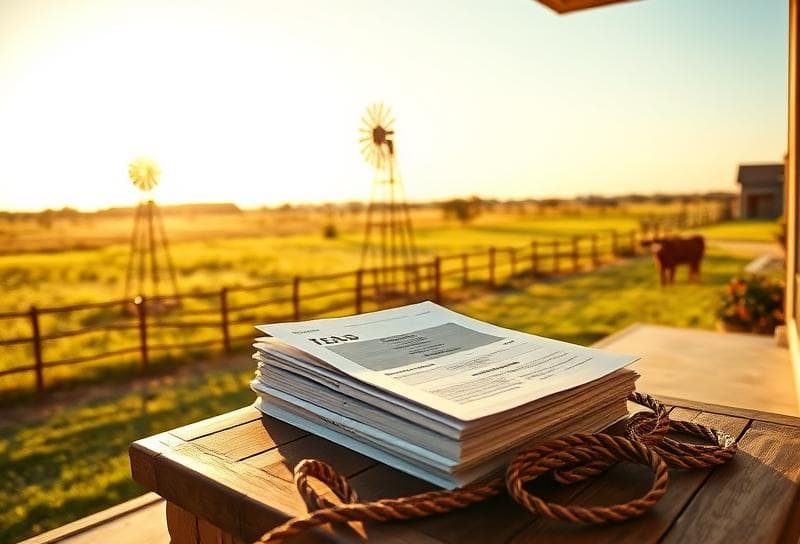 Houston suburban home with Texas windmill, longhorn cow, and property tax documents on rustic porch.
