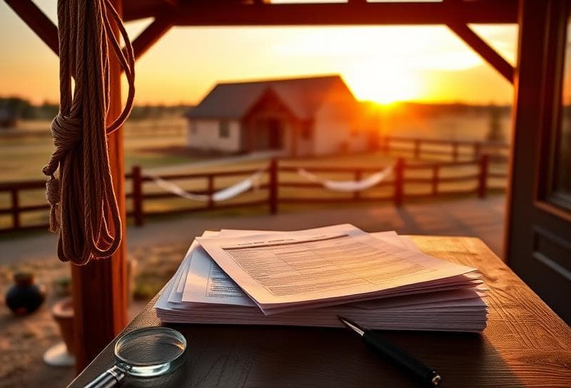 Texas ranch sunset with Houston home, lasso on fence, and property tax documents for yearly