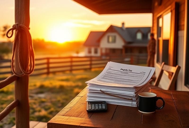Texas ranch sunset with suburban home, property tax documents, and lasso on wooden fence.