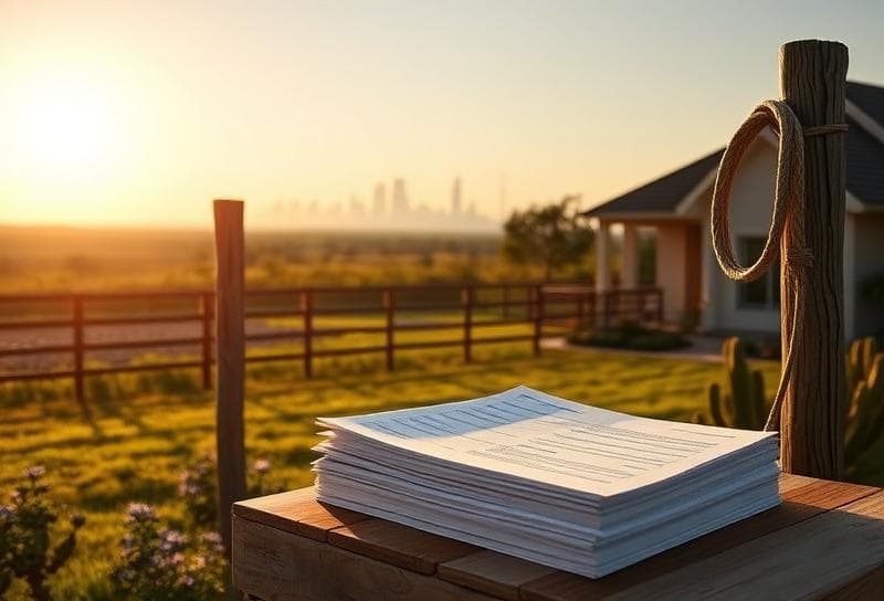 Houston suburban home with Texas bluebonnets, lasso on fence, and HCAD iFile protest documents.
