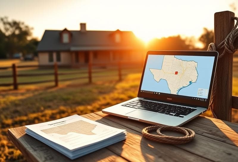 Sunlit Texas ranch with property tax documents, laptop, and lasso symbolizing public tax records research.