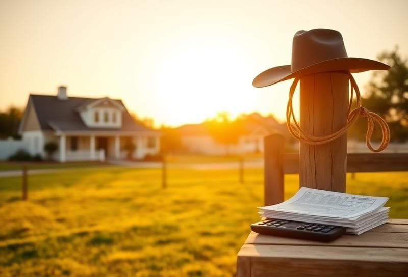 Houston suburban home with Texas bluebonnets, cowboy hat, and property tax documents for S Corp