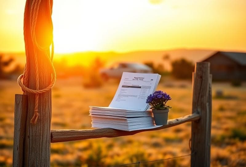 Sunlit Texas ranch with a lasso, property tax documents, and bluebonnets, symbolizing Houston homeowners tax
