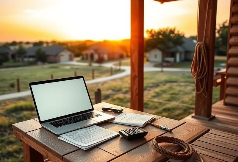 Sunset Texas ranch scene with property tax documents, laptop, and lasso on a wooden porch.