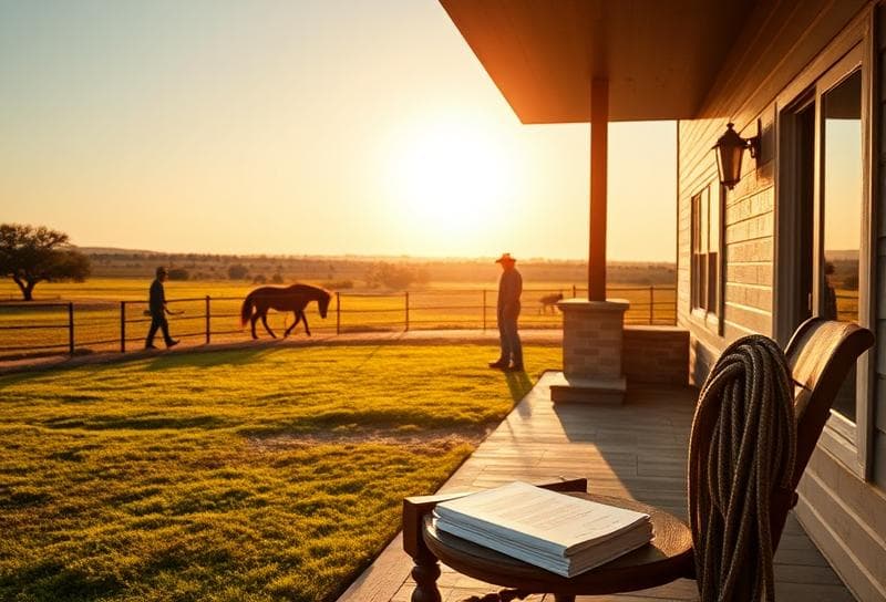Modern Houston-style home on a Texas ranch with cowboy tending horses, lasso, and property documents
