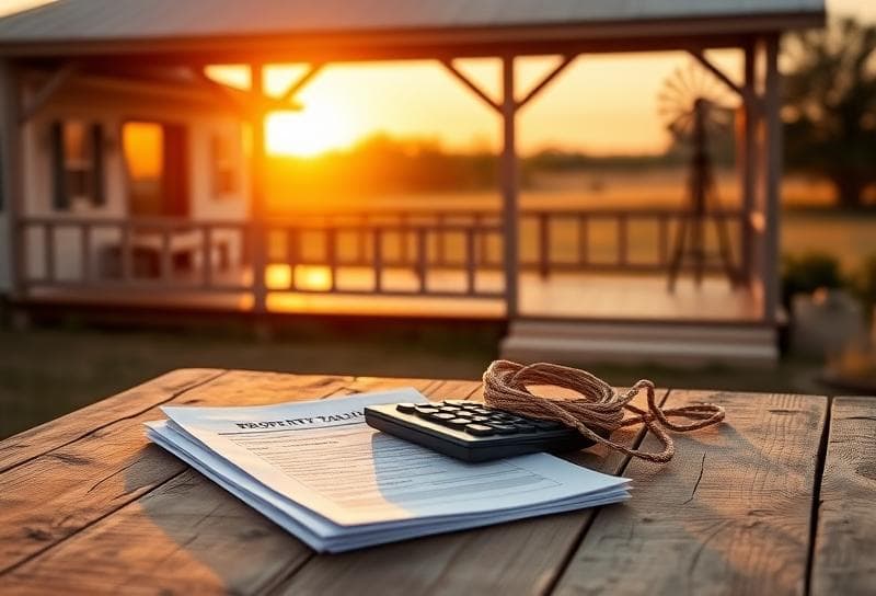 Golden hour Texas ranch with property tax documents, lasso, and windmill, symbolizing real estate tax